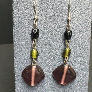 Dangle Pierced Earrings Purple Diamond Green Blue Round Silver Hook Retro BoHo